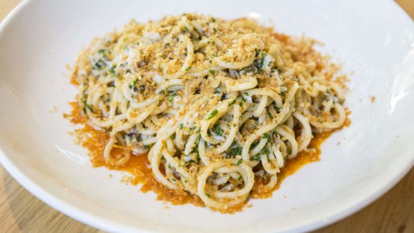 Spaghetti with spanner crab is shrouded in breadcrumbs.