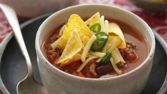 Chilli bean soup with corn chips.