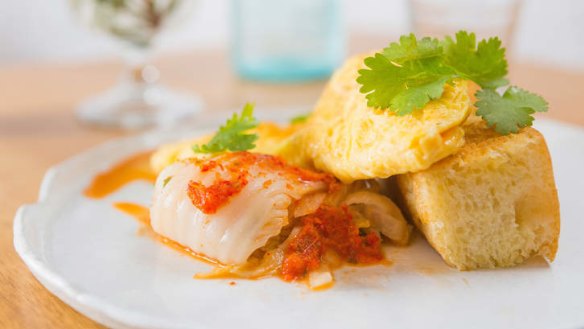 The popular crab omelette with kimchi and focaccia.