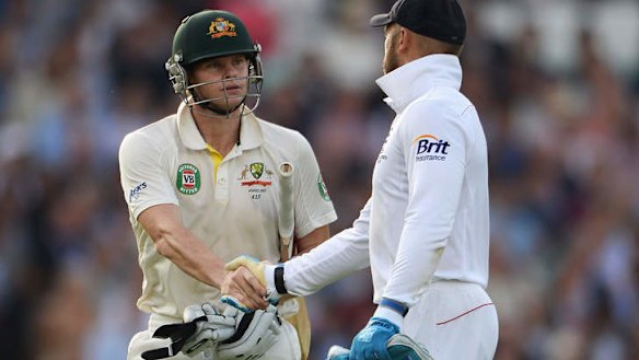 Australia's Steve Smith (left) is congratulated by England's Matt Prior on his unbeaten century on day two of the fifth Ashes Test at The Oval.