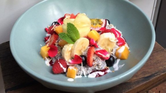 Chia pudding with tropical fruit, fresh berries and coconut cream from Urban Pantry in Manuka.