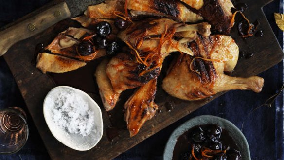 Barbecued duck with cherries.
