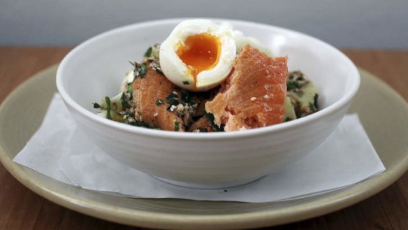 Wood smoked salmon salad, olives, kipfler potatoes, soft boiled egg and za'atar.