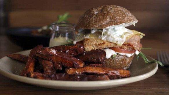 The teetering chicken burger with sweet potato chips.