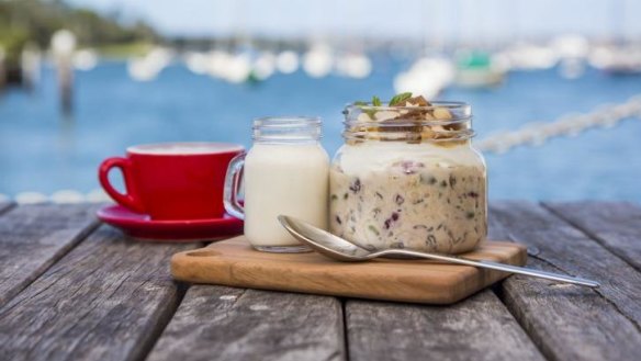 Bircher muesli with tea-soaked figs and water views.