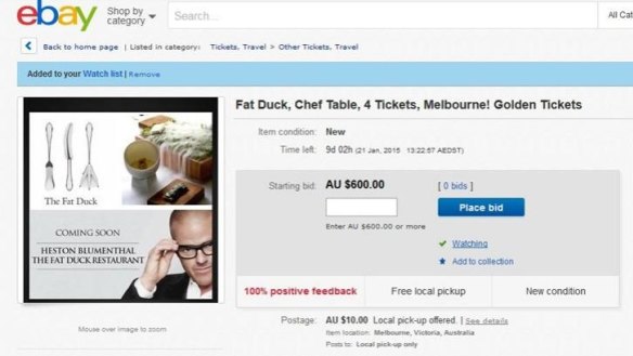 Offer off: This ebay listing for tickets to Melbourne's Fat Duck restaurant was removed.
