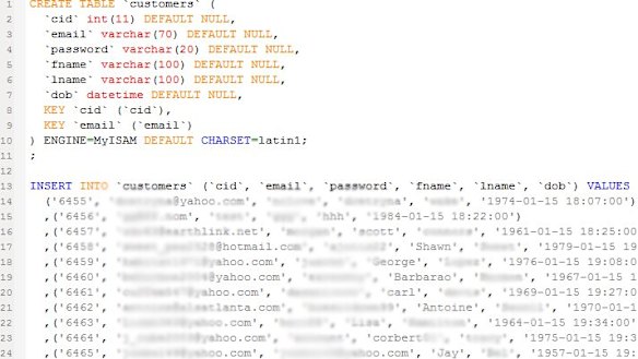 A redacted screen shot showing several of the stolen user accounts. Passwords were stored in plain text.
