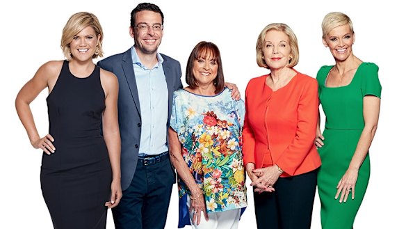 And then there were five: Studio 10's team until March (l-r): Sarah Harris, Joe Hildebrand, Denise Drysdale, Ita Buttrose and Jessica Rowe.