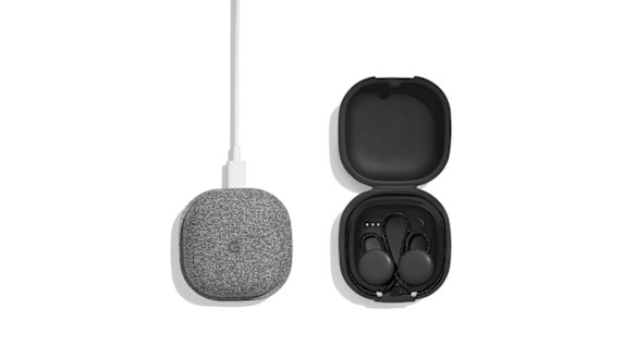 The Pixel Buds in their charging case.