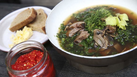 Beef broth with kale and mushrooms.