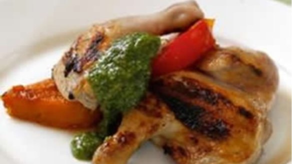 Barbecued spatchcocks with pesto and roasted vegetables