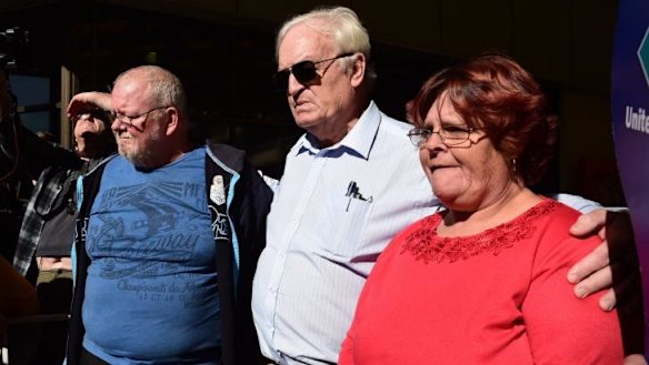 Ashley Kennedy, Blacktown councillor Tony Bleasdale and Peta Kennedy at the SBS protest on Wednesday.