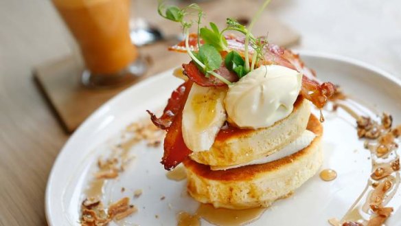 Buttermilk and coconut crumpets with bacon and banana.