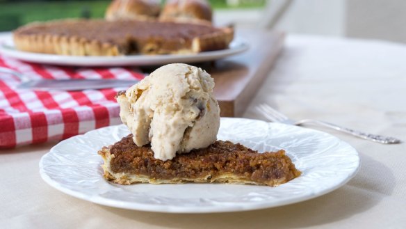 Hot cross bun treacle tart with hot cross bun ice cream.