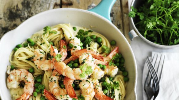 Angel hair pasta with prawn, pea and lemon sauce.