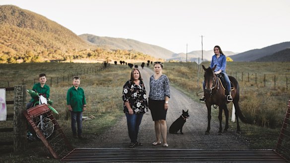 Caloola Farm neighbours Mandy Curtis (middle left) and Natalie Hogan (middle right) want greater oversight of this weekend's festival. Pictured with Natalie's sons Isaac, 11, and Lewis, 8 and Mandy's daughter Tori, 18.