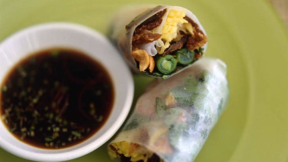 ***  SMH GOOD LIVING - EAT IN.  VIETNAMESE  PHOTO BY JENNIFER SOO, STYLING BY TRISH HEAGERTY.  Roast duck rice paper rolls