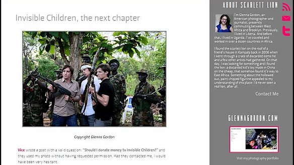 The  image of Invisible Children's founders holding weapons, displayed on photographer Glenna Gordon's website.