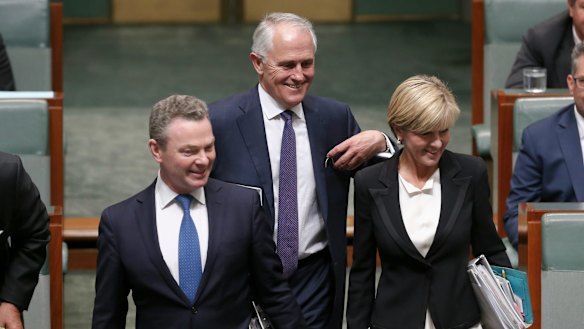 New Prime Minister Malcolm Turnbull arrives for question time with Christopher Pyne and Julie Bishop on Tuesday.