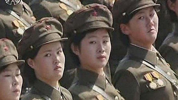 Female North Korean soldiers take part in a mass parade to celebrate founder Kim Il-sung's 100th birthday.