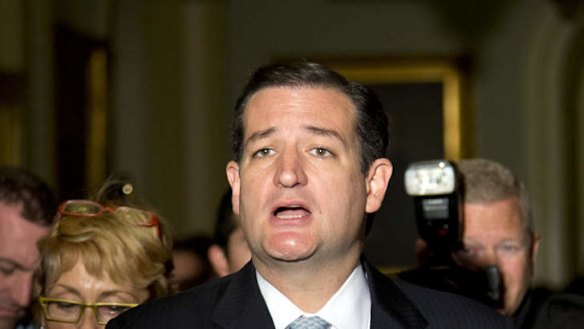 Senator Ted Cruz talks to reporters on Capitol Hill in Washington after House leaders reached a last-minute agreement to avert a threatened Treasury default.