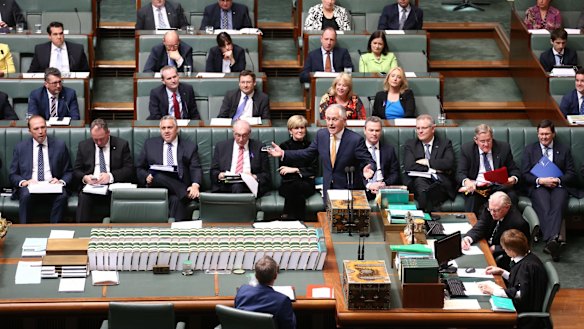 Prime Minister Malcolm Turnbull and his front bench during question time on Thursday.