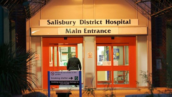 The main entrance of Salisbury District Hospital, England, where a former Russian spy is in critical condition after coming into contact with an "unknown substance." 