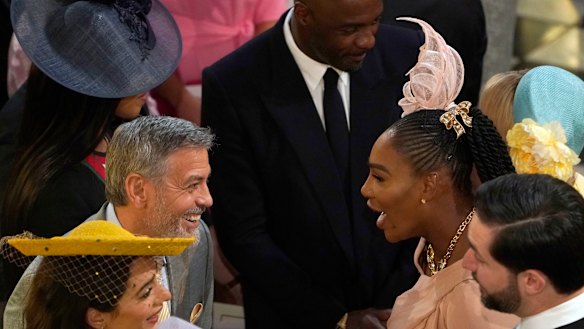 George and Amal Clooney greet Serena Williams and Alexis Ohanian before the wedding ceremony.
