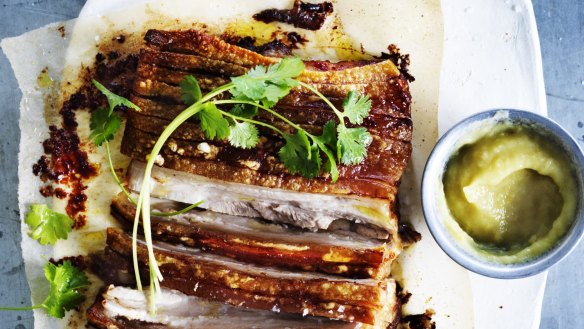 Adam Liaw's quick roast pork belly served with sour applesauce.