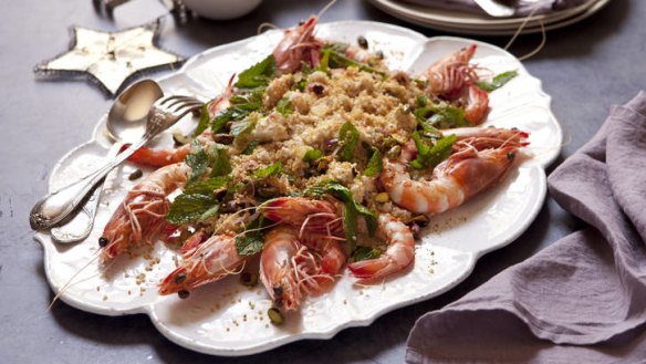 King prawn and quinoa salad with pistachios and mint.