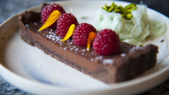 Salted dark chocolate tart and fairy floss.