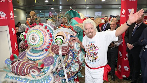 Richard Branson, with Bendigo's Yar Loong dragon, at the launch of Virgin Australia's Melbourne to Hong Kong service on Wednesday. 