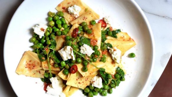 Maltagliati with peas and nduja.