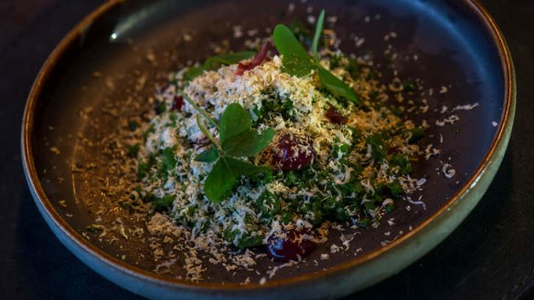 Sweet-savoury standout: Rosella, sorrel and macadamia.