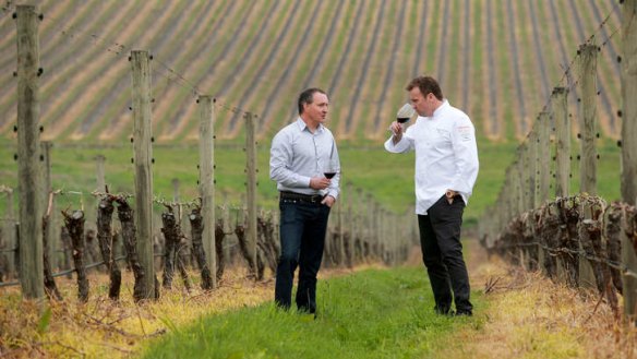 Winemaker Paul Bridgeman and chef Teage Ezard among the vines at the Yarra Valley site where the new restaurant will be located.