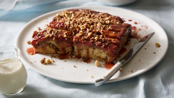 Plum and hazelnut streusel cake. Recipe by Karen Martini. Pic by Marcel Aucar, please credit. Styling by Marnie Rowe, please credit.