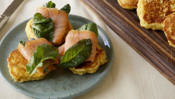 Oat pancakes with smoked salmon.