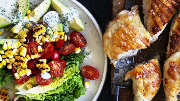 All fired up: Barbecue chicken, corn and baby cos salad.