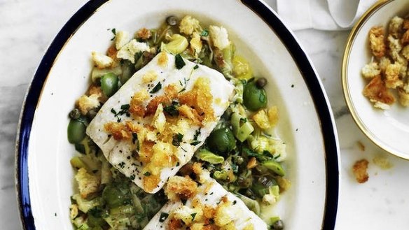 Healthy roasted blue-eye trevalla with winter's leeks.