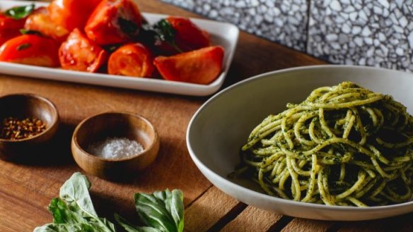 Sicilian pesto and warm tomato salad make a light summer meal.