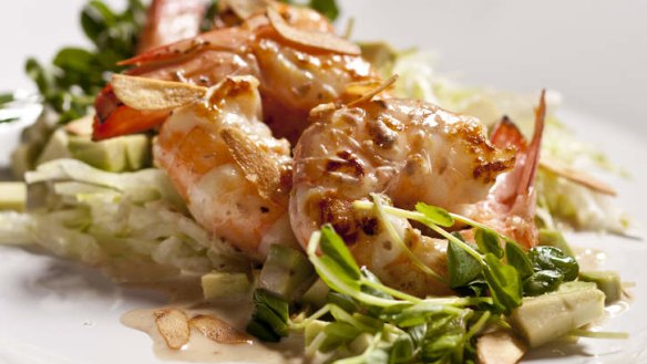 Prawns with lettuce, avocado, anchovies and crisp garlic.