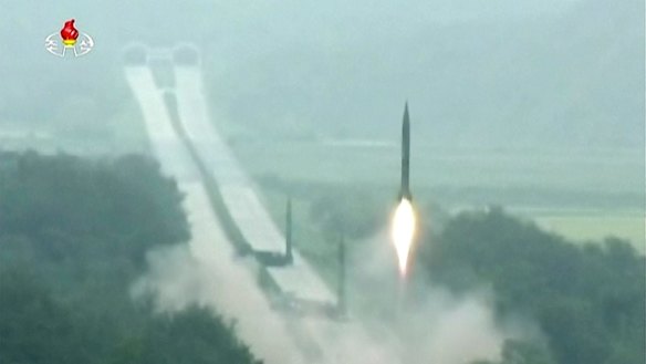A missile is launched during a drill at an undisclosed location in North Korea. 