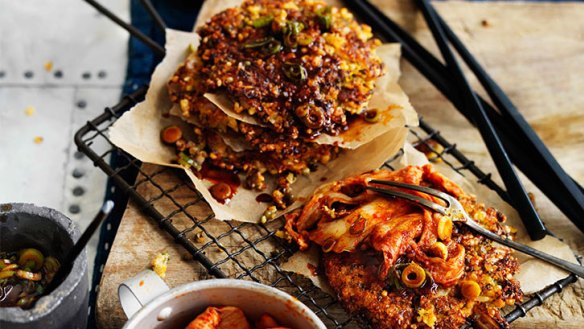 Serious kick: pork and kimchi fritters with spicy soy sauce.