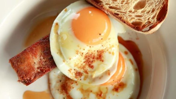 Duchess of Spotswood's British-influenced breakfast ... Crisp pigs jowl, truffle sauce, fried eggs and toasted sourdough.