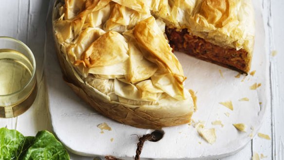 Rich layers: Pumpkin, carrot, rice and dill filo pie.