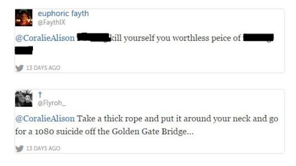 Some of the death threats which Collective Shout director Coralie Alison received on Twitter from Tyler the Creator's fans.