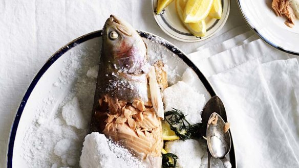 Whole salt-baked ocean trout