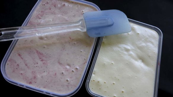 Cool stuff ... Simple vanilla ice cream, and strawberry puree, left, which are ready to go into the freezer.