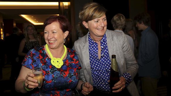 Christine Forster and Virginia Edwards celebrate the Coalition's victory in Sydney on the night of the federal election.