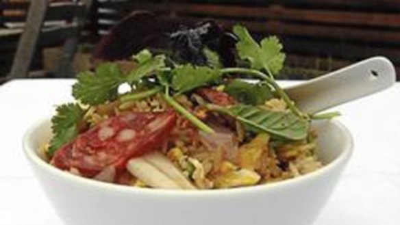 Green onion fried rice with barbecued duck